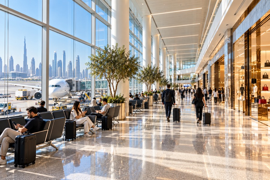 An airport terminal with travellers and shops
