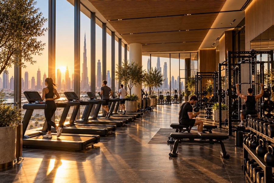 A fitness club at sunrise with the sensory layer running along the ceiling