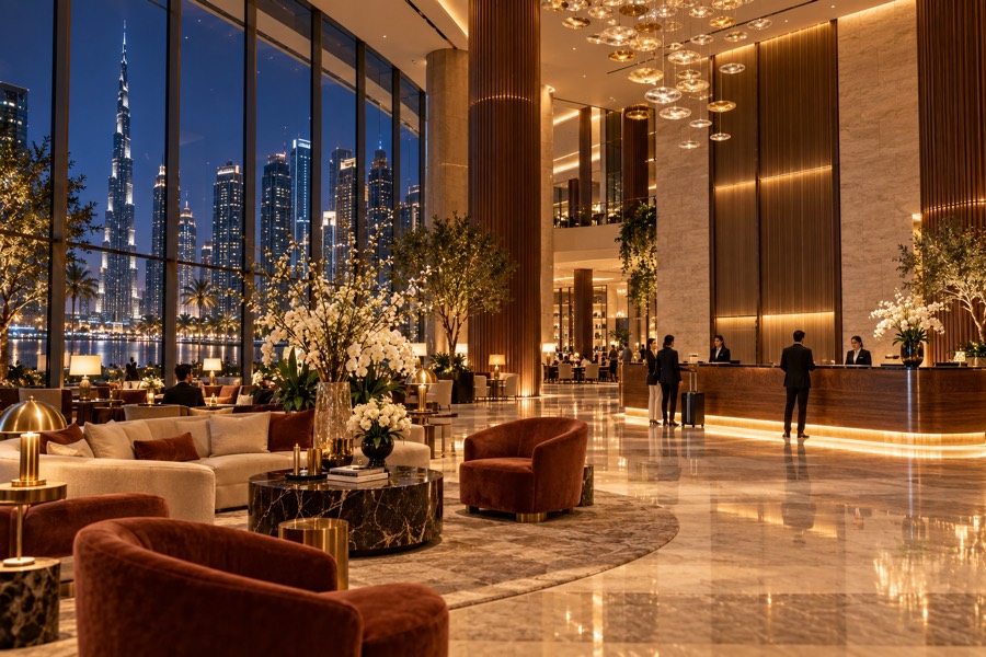 A hotel lobby at night with the sensory layer above the reception