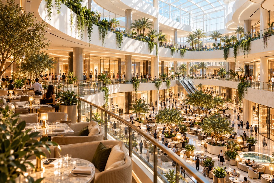 A shopping mall atrium with dining and stores