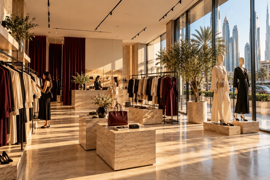 A fashion boutique with the VYYB sensory layer flowing across the ceiling